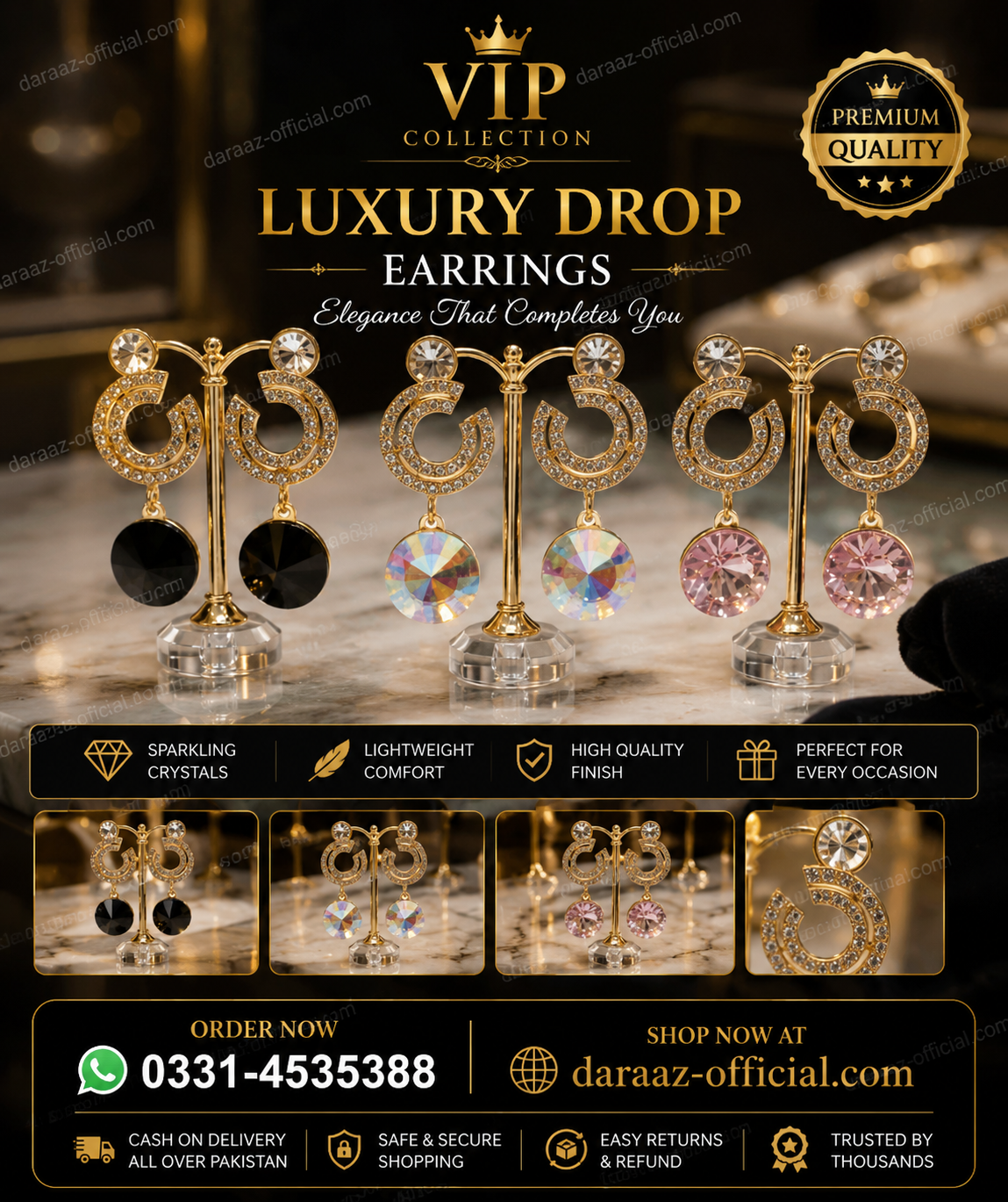 VIP Collection Luxury Crystal Drop Earrings for Women – Elegant Gold-Tone Sparkling Stone Design | Stylish Party & Wedding Wear Jewelry