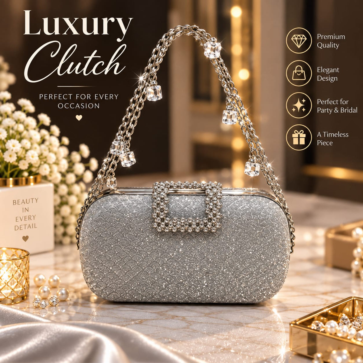 Elegant Crystal Floral Lace Bridal Clutch Bag | Premium Party Wear Purse for Women ✨
