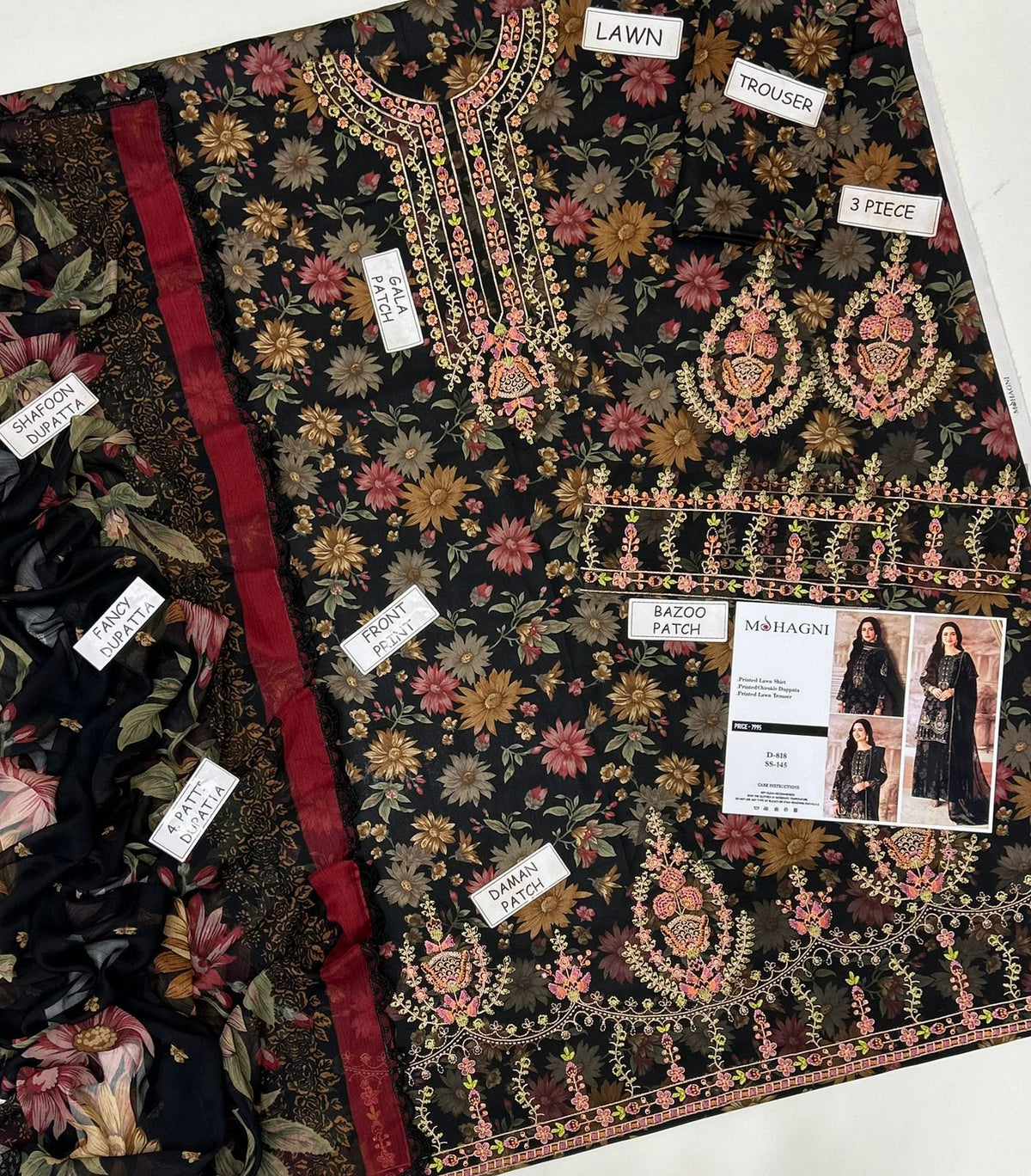 Mohagni Lawn 2026 Collection β 3 Pc Fine Airjet 90/88 Lawn Suit with Heavy Embroidered Patches & Ready-to-Wear Chiffon Dupatta