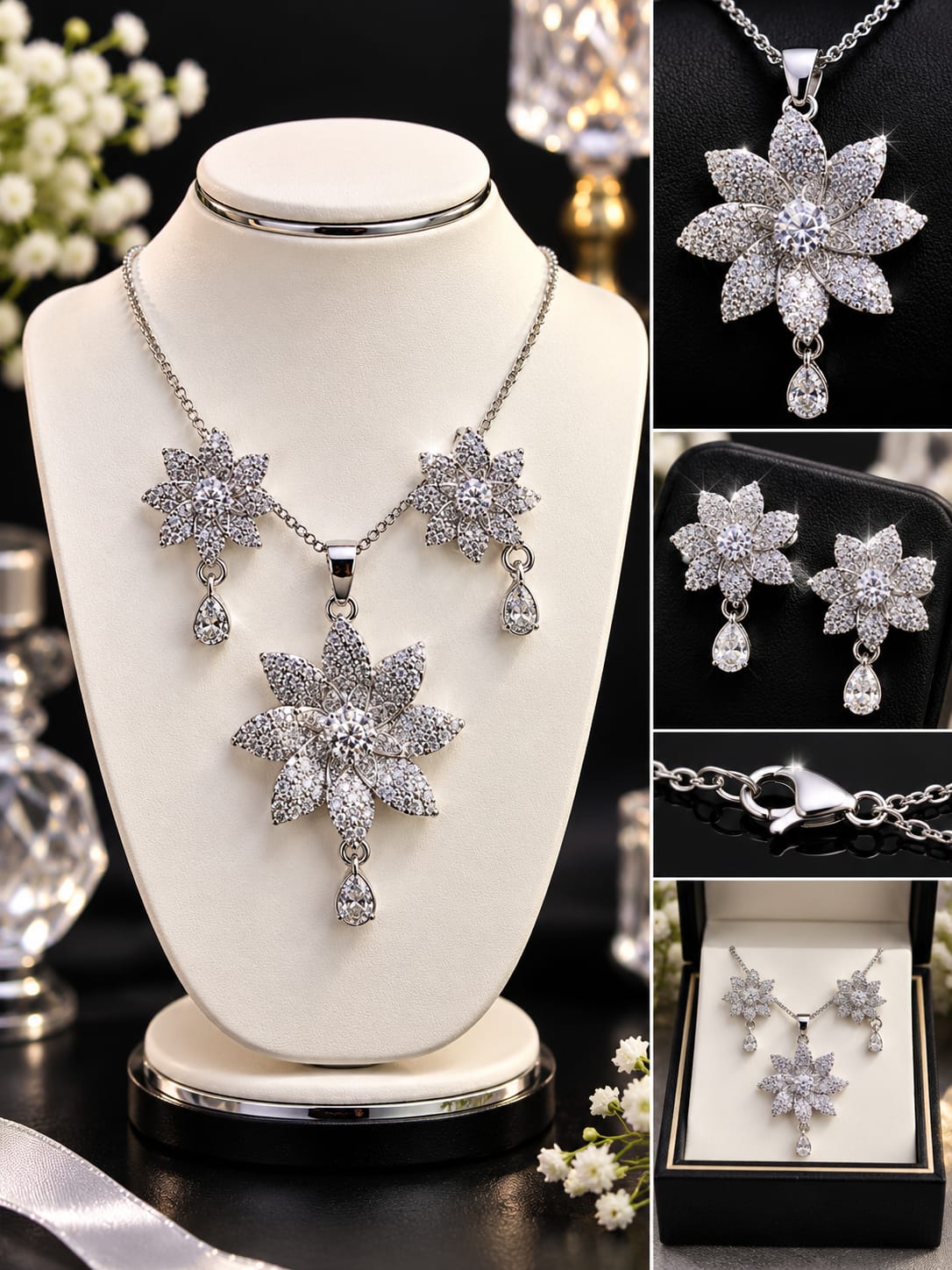 Silver Zircon Flower Jewelry Set with Pink Gemstone - Floral Pendant Necklace & Earrings Set for Women