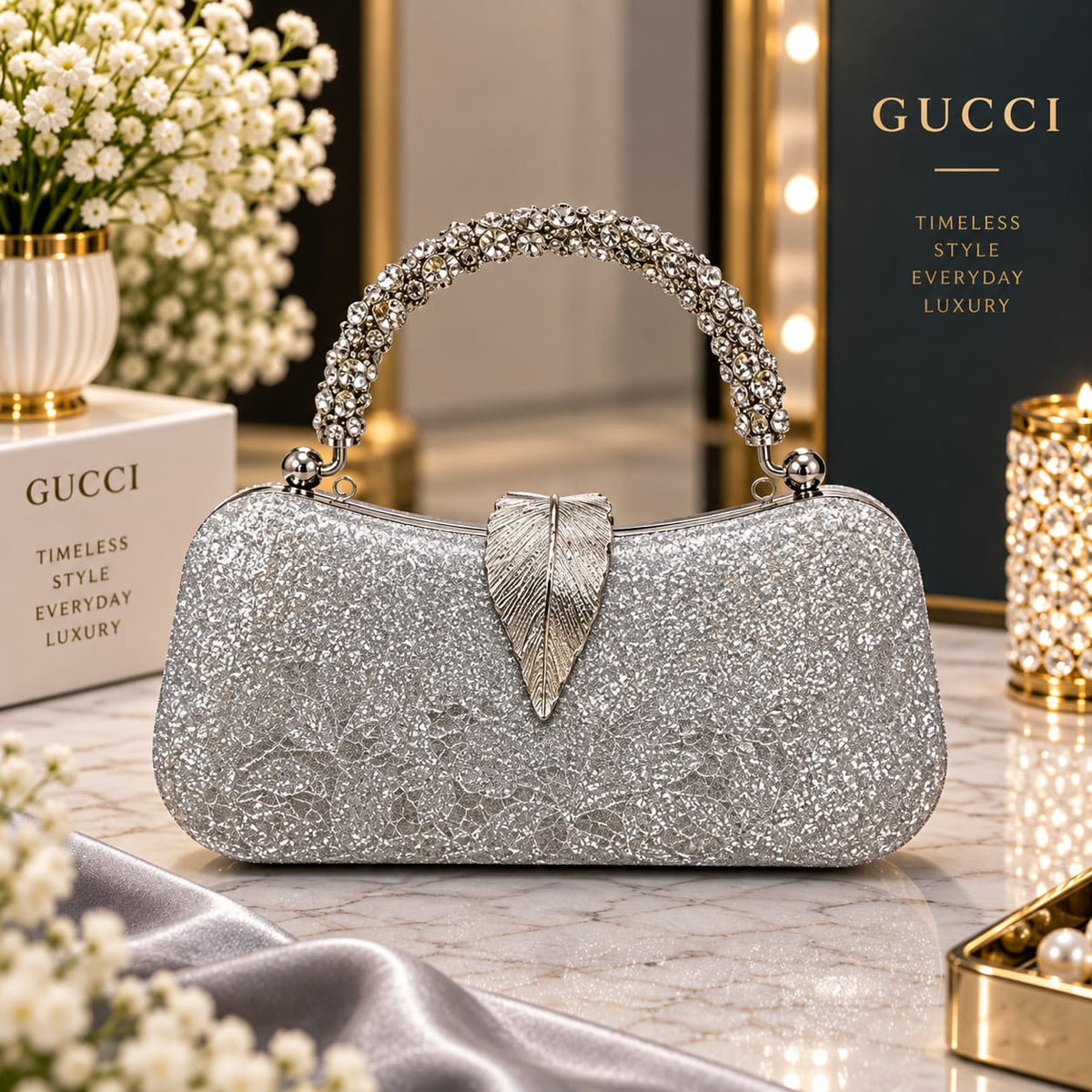 Premium Silver Shimmer Leaf Clasp Party Clutch Bag