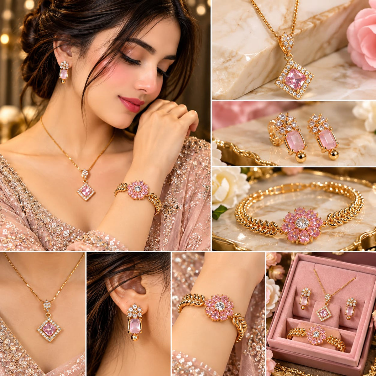 Latest Pink Crystal Gold Plated Jewelry Set Design 2026 | Stylish Pendant Set