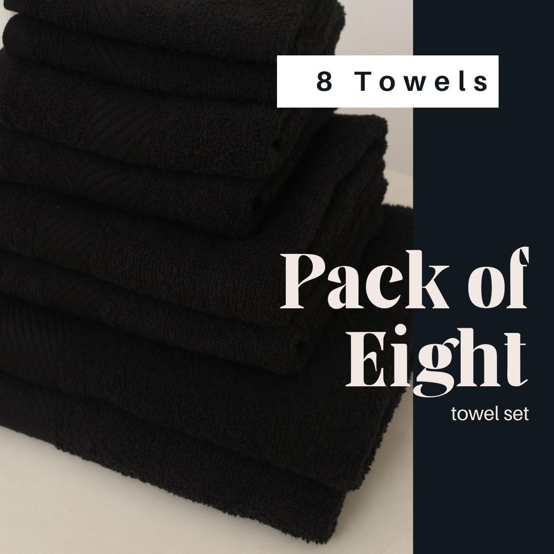 YAZA 100% Pure Cotton Jet Black Towel Set (Pack of 8) - Premium Bath, Hand & Wash Cloth Combo