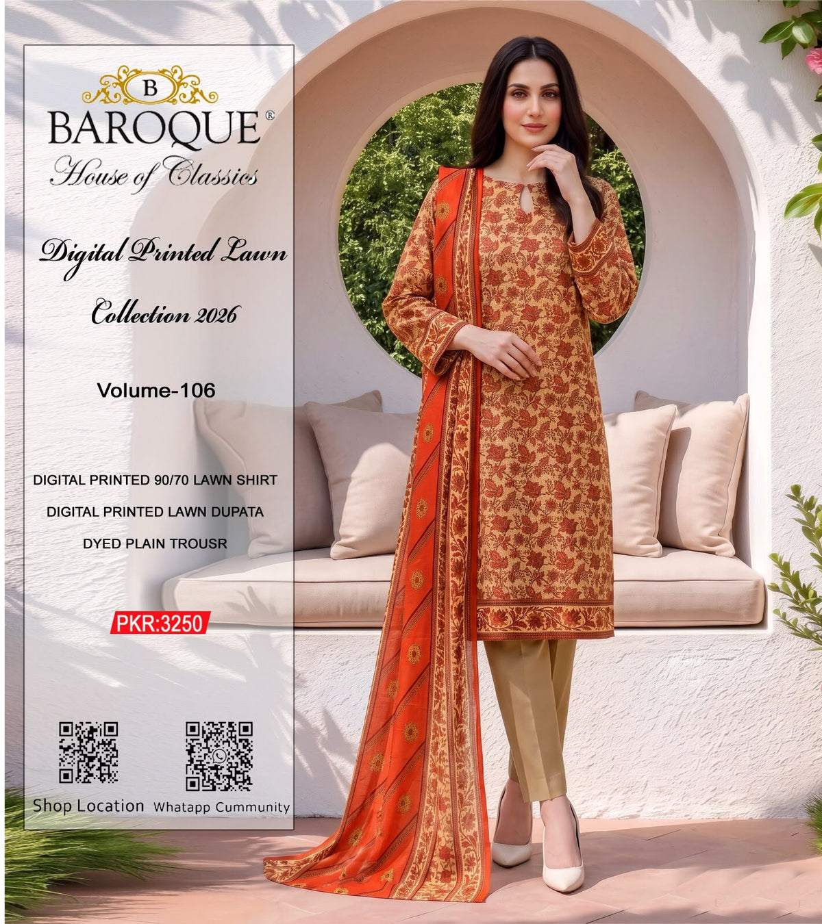 Baroque Digital Printed Lawn 3 Piece Unstitched Suit | Mustard Beige & Burnt Orange | Premium Lawn Collection 2026 | Vol-106