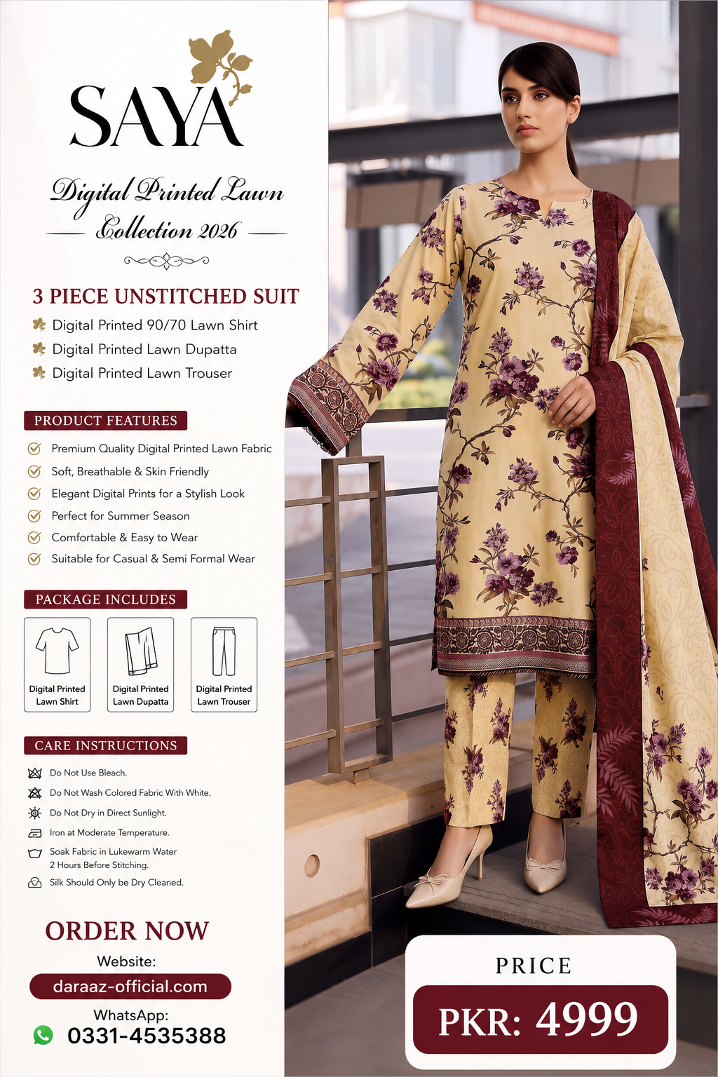 SAYA Digital Printed Lawn 3 Piece Unstitched Suit for Women | Premium Summer Lawn Collection 2026 | Printed Lawn Shirt, Dupatta & Trouser | Elegant Casual & Semi Formal Wear