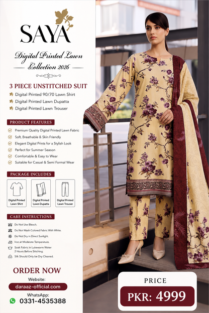 SAYA Digital Printed Lawn 3 Piece Unstitched Suit for Women | Premium Summer Lawn Collection 2026 | Printed Lawn Shirt, Dupatta & Trouser | Elegant Casual & Semi Formal Wear