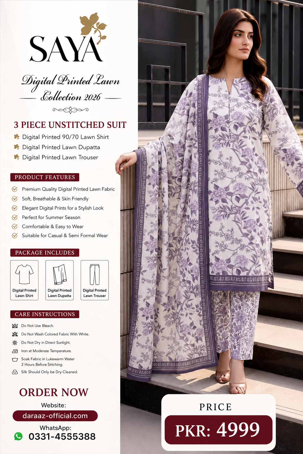 SAYA Digital Printed Lawn 3 Piece Unstitched Suit for Women | Premium Summer Lawn Collection 2026 | Printed Lawn Shirt, Dupatta & Trouser | Elegant Casual & Semi Formal Wear