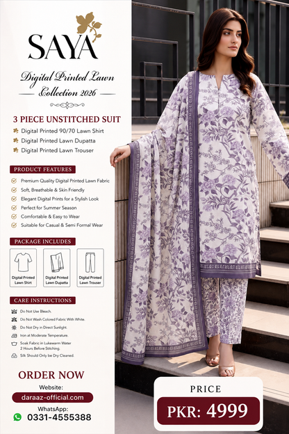 SAYA Digital Printed Lawn 3 Piece Unstitched Suit for Women | Premium Summer Lawn Collection 2026 | Printed Lawn Shirt, Dupatta & Trouser | Elegant Casual & Semi Formal Wear
