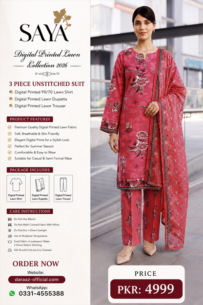 SAYA Digital Printed Lawn 3 Piece Unstitched Suit for Women | Premium Summer Lawn Collection 2026 | Printed Lawn Shirt, Dupatta & Trouser | Elegant Casual & Semi Formal Wear