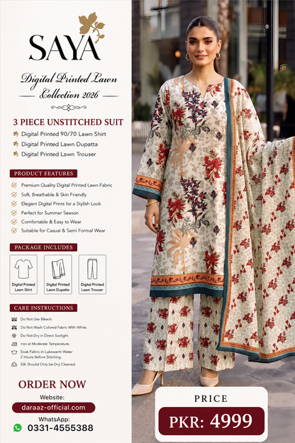 SAYA Digital Printed Lawn 3 Piece Unstitched Suit for Women | Premium Summer Lawn Collection 2026 | Printed Lawn Shirt, Dupatta & Trouser | Elegant Casual & Semi Formal Wear