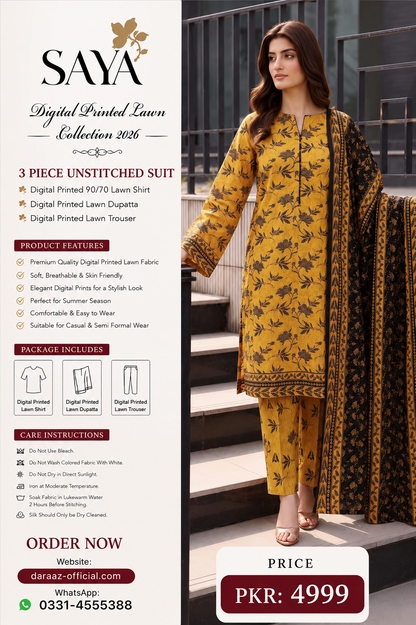 SAYA Digital Printed Lawn 3 Piece Unstitched Suit for Women | Premium Summer Lawn Collection 2026 | Printed Lawn Shirt, Dupatta & Trouser | Elegant Casual & Semi Formal Wear