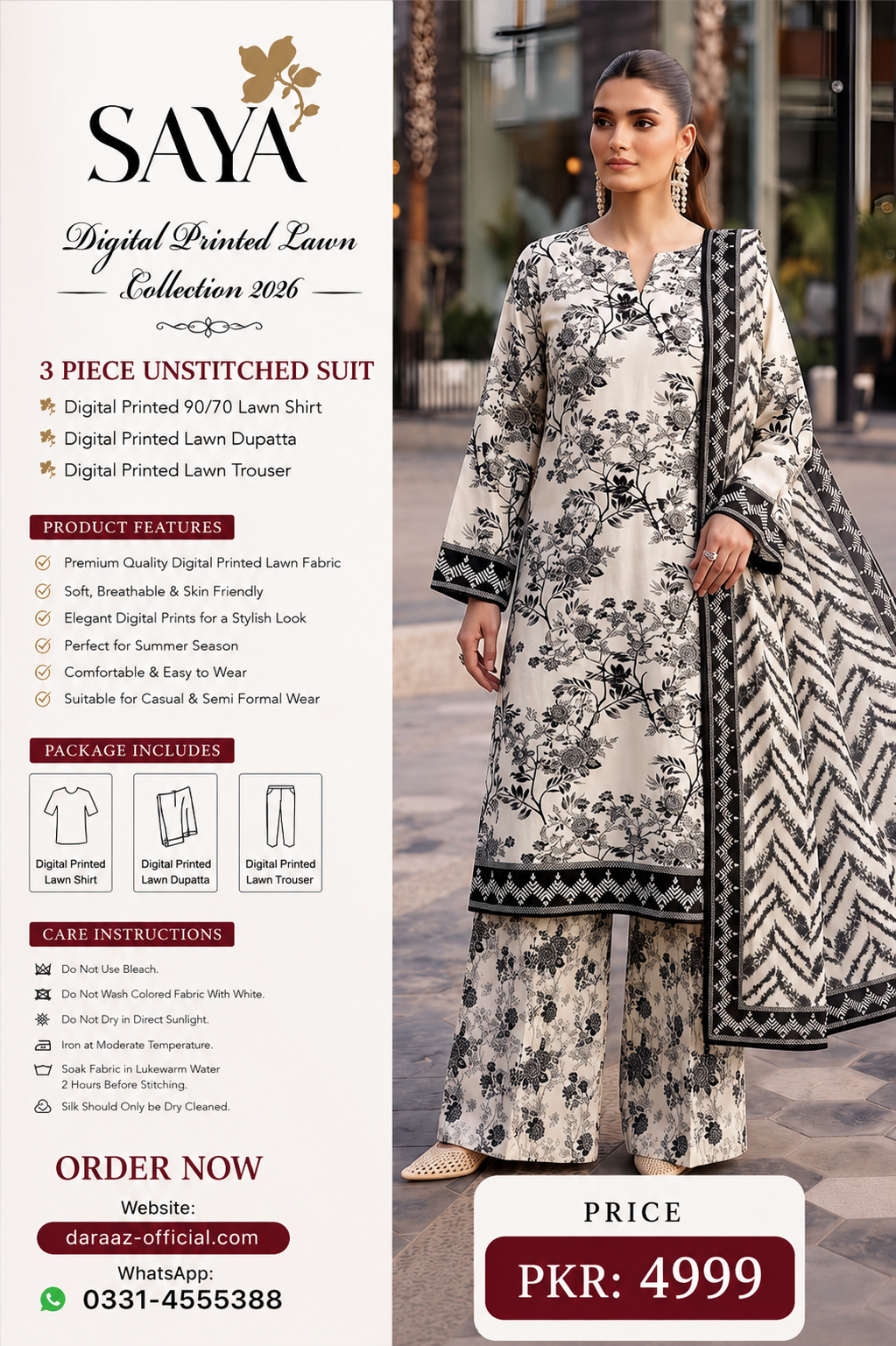SAYA Digital Printed Lawn 3 Piece Unstitched Suit for Women | Premium Summer Lawn Collection 2026 | Printed Lawn Shirt, Dupatta & Trouser | Elegant Casual & Semi Formal Wear