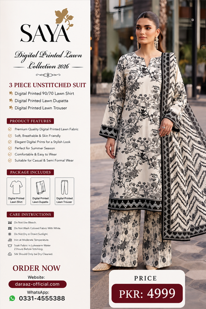 SAYA Digital Printed Lawn 3 Piece Unstitched Suit for Women | Premium Summer Lawn Collection 2026 | Printed Lawn Shirt, Dupatta & Trouser | Elegant Casual & Semi Formal Wear