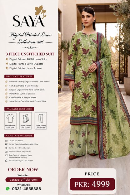 SAYA Digital Printed Lawn 3 Piece Unstitched Suit for Women | Premium Summer Lawn Collection 2026 | Printed Lawn Shirt, Dupatta & Trouser | Elegant Casual & Semi Formal Wear