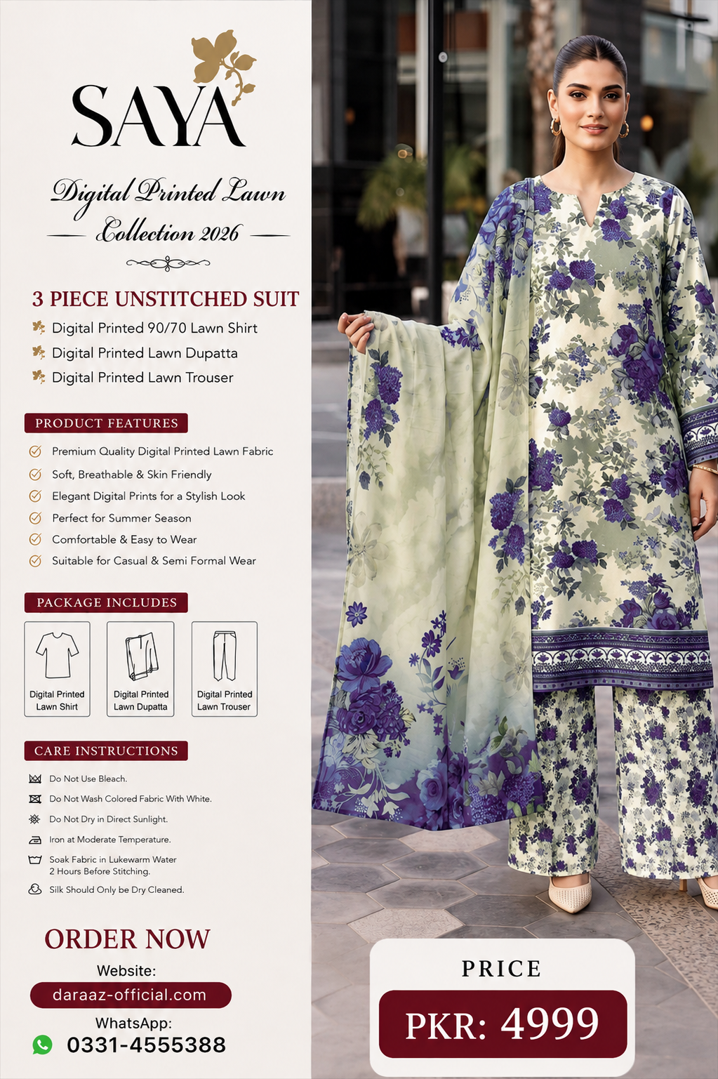 SAYA Digital Printed Lawn 3 Piece Unstitched Suit for Women | Premium Summer Lawn Collection 2026 | Printed Lawn Shirt, Dupatta & Trouser | Elegant Casual & Semi Formal Wear
