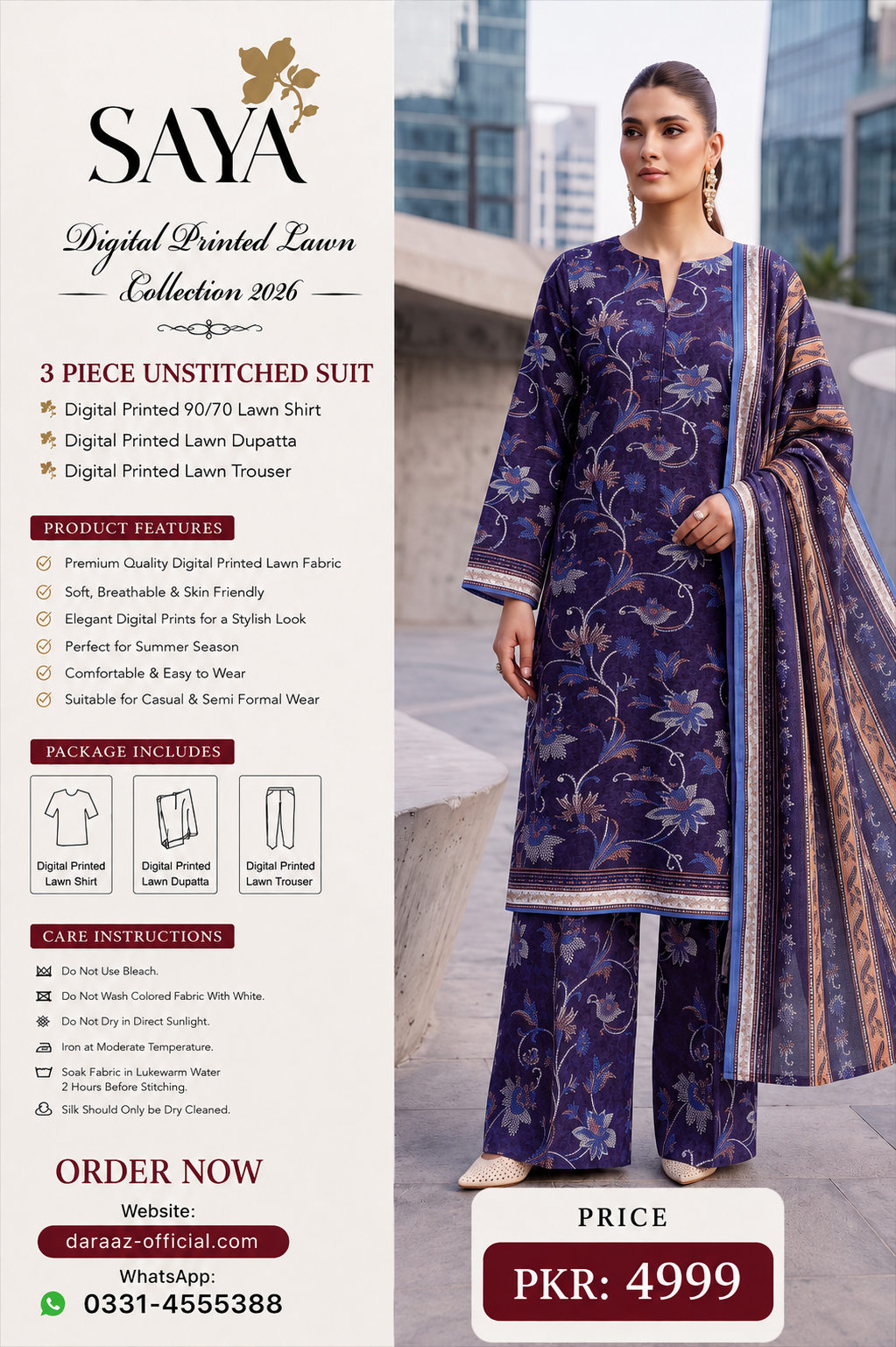 SAYA Digital Printed Lawn 3 Piece Unstitched Suit for Women | Premium Summer Lawn Collection 2026 | Printed Lawn Shirt, Dupatta & Trouser | Elegant Casual & Semi Formal Wear