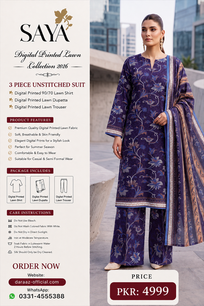 SAYA Digital Printed Lawn 3 Piece Unstitched Suit for Women | Premium Summer Lawn Collection 2026 | Printed Lawn Shirt, Dupatta & Trouser | Elegant Casual & Semi Formal Wear