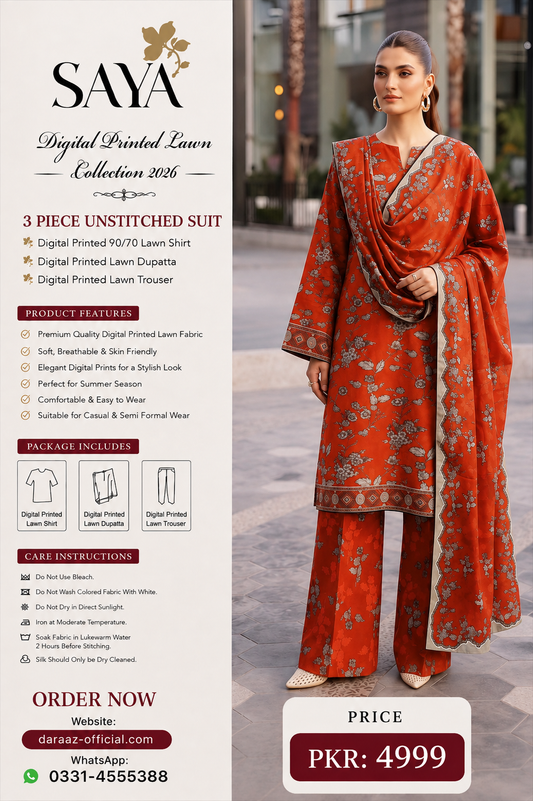 SAYA Digital Printed Lawn 3 Piece Unstitched Suit for Women | Premium Summer Lawn Collection 2026 | Printed Lawn Shirt, Dupatta & Trouser | Elegant Casual & Semi Formal Wear