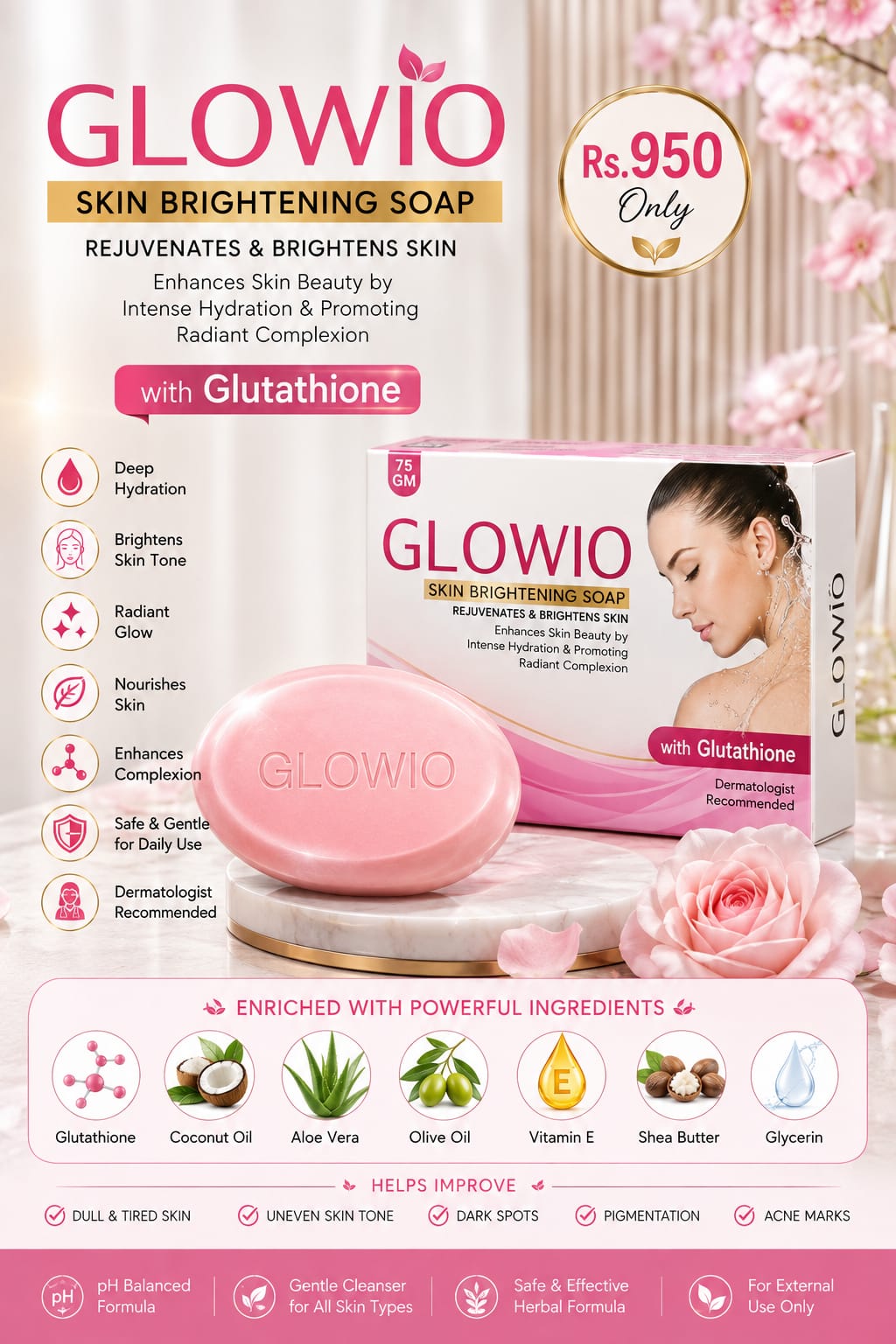 GLOWIO Skin Brightening Soap 75g | Glutathione Soap for Skin Brightening, Dark Spots & Pigmentation