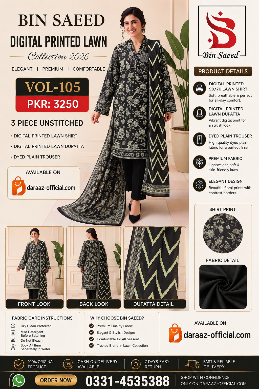 Bin Saeed Digital Printed Lawn Collection 2026 | 3 Piece Unstitched Lawn Suit | Vol-105 | Premium Printed Lawn Suit | PKR 3250