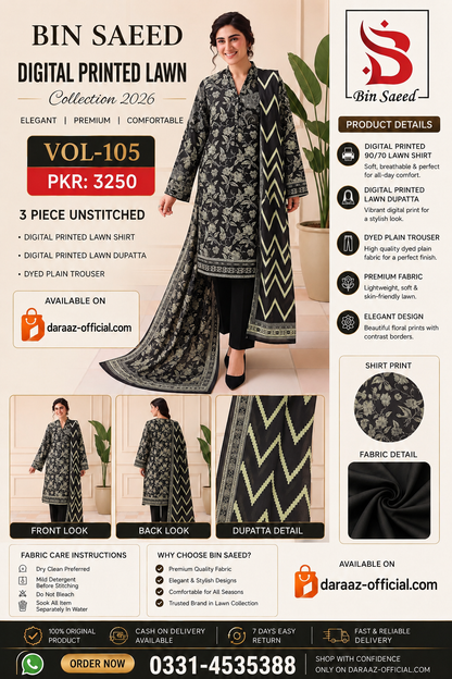 Bin Saeed Digital Printed Lawn Collection 2026 | 3 Piece Unstitched Lawn Suit | Vol-105 | Premium Printed Lawn Suit | PKR 3250