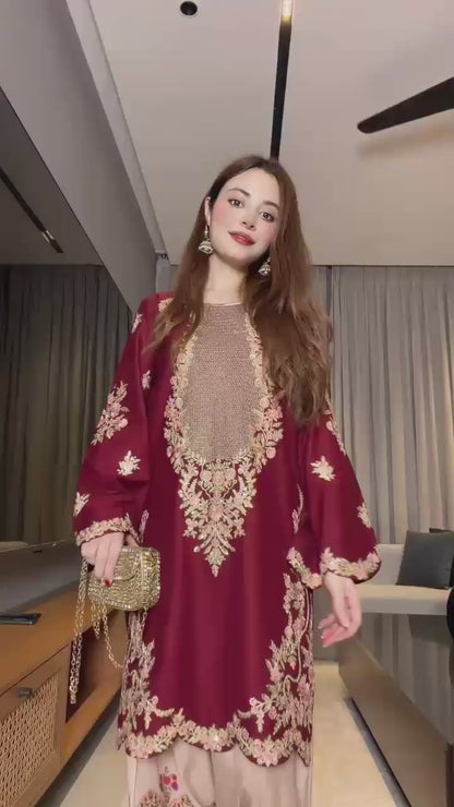 ✨ Premium Maroon Silk 2-Piece Suite | Heavy Thread & Sequence Embroidered Collection | Designer Printed Trouser