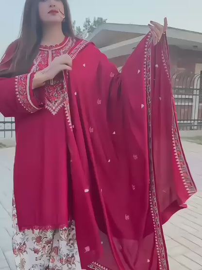 Aneelas Winter Collection 2026-27 - 3 Piece Heavy Embroidered Dhanak Suit with Digital Printed Karandi Trouser & Heavy Border Dhanak Shawl (D# NF 1305)