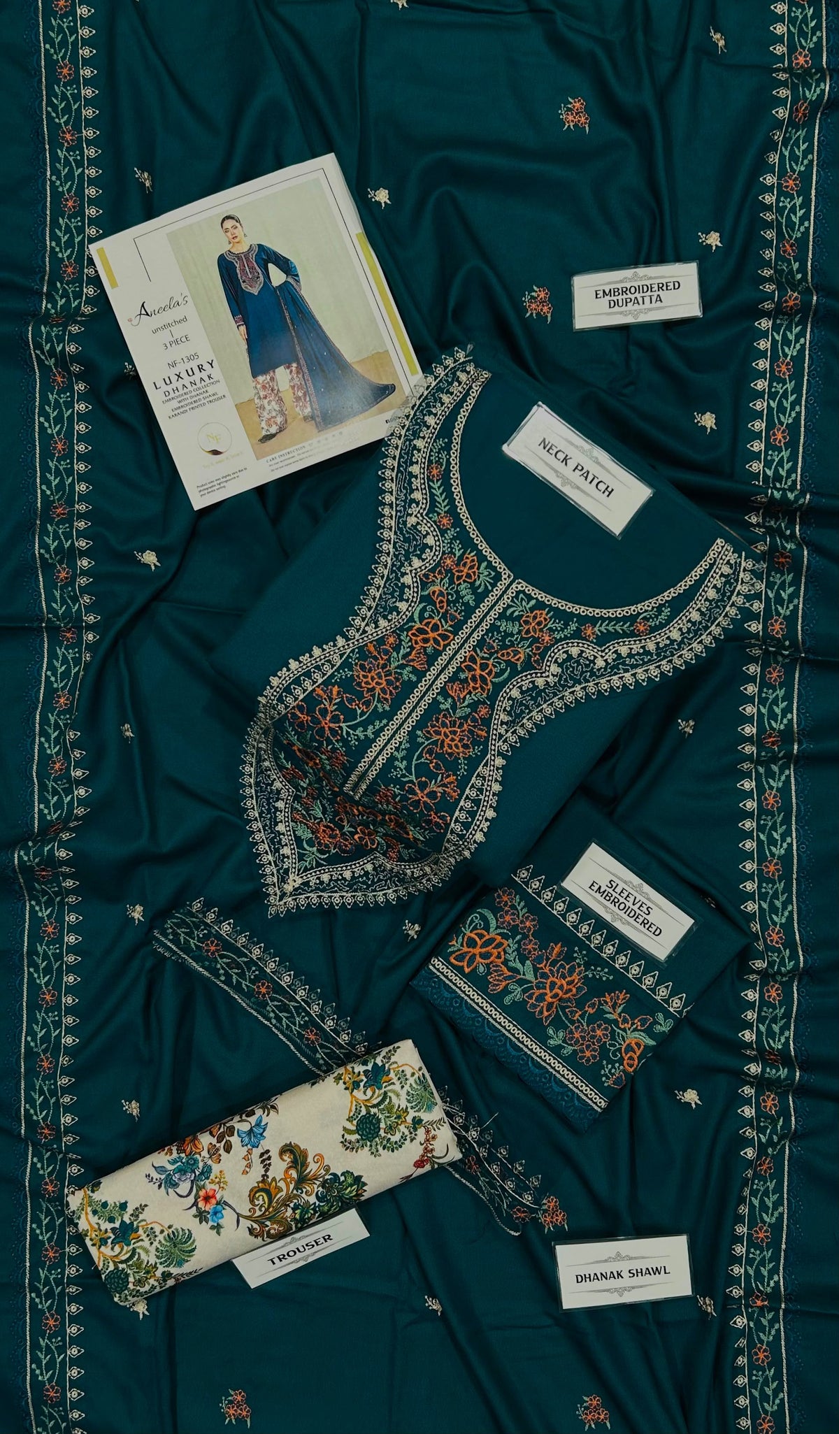 Aneelas Winter Collection 2026-27 - 3 Piece Heavy Embroidered Dhanak Suit with Digital Printed Karandi Trouser & Heavy Border Dhanak Shawl (D# NF 1305)