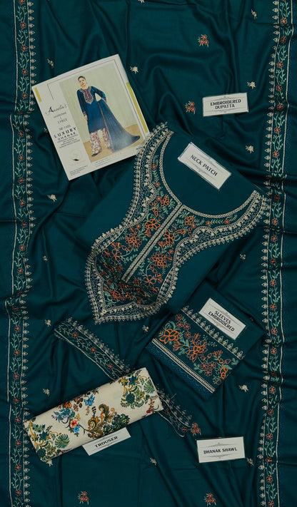 Aneelas Winter Collection 2026-27 - 3 Piece Heavy Embroidered Dhanak Suit with Digital Printed Karandi Trouser & Heavy Border Dhanak Shawl (D# NF 1305)