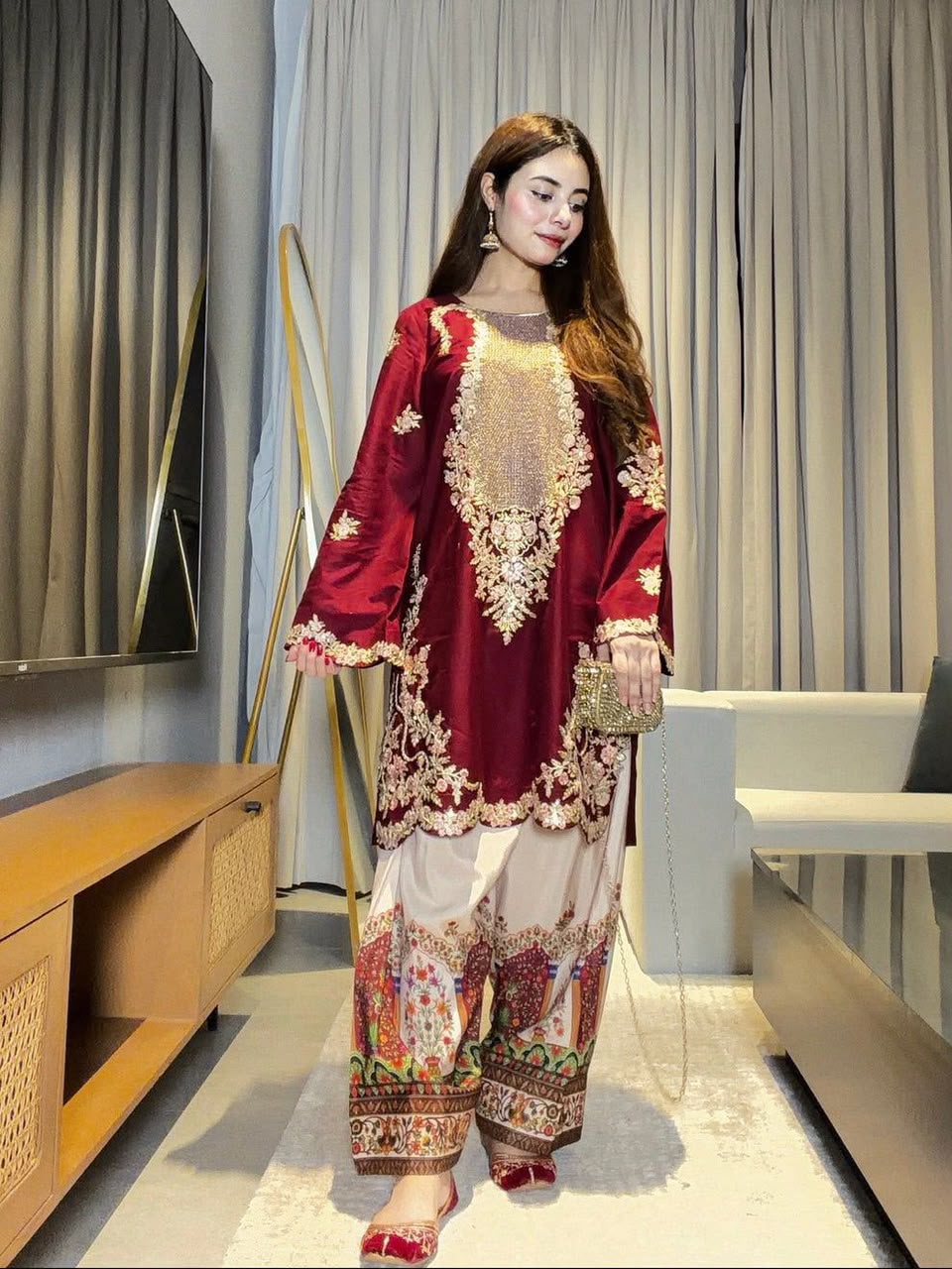 ✨ Premium Maroon Silk 2-Piece Suite | Heavy Thread & Sequence Embroidered Collection | Designer Printed Trouser