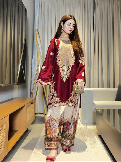 ✨ Premium Maroon Silk 2-Piece Suite | Heavy Thread & Sequence Embroidered Collection | Designer Printed Trouser