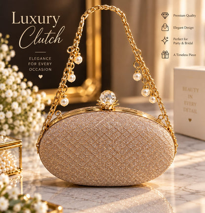 Trendy Golden Shimmer Pearl Handle Bridal Evening Clutch