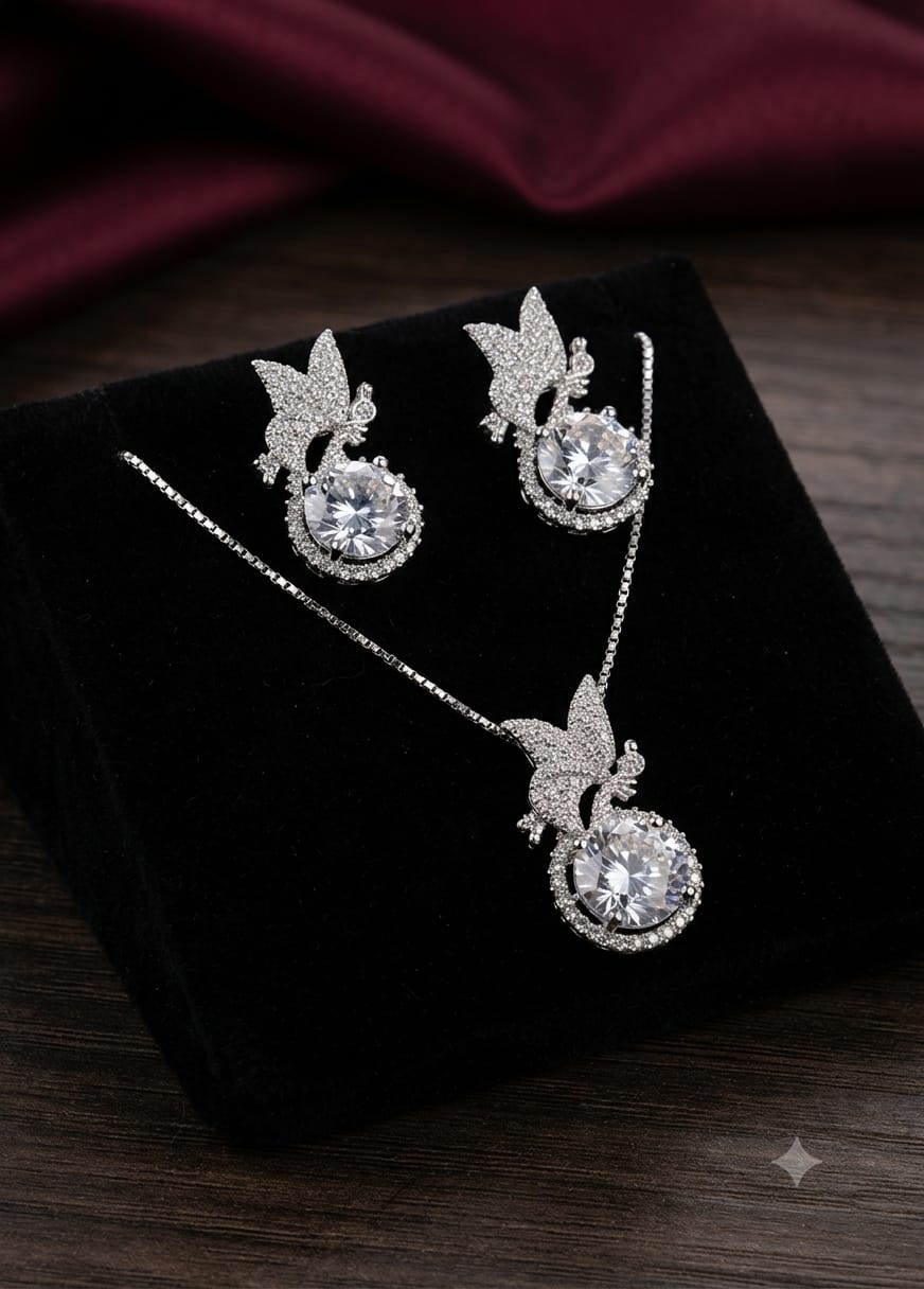 Premium Gold-Plated Butterfly Crystal Pendant Necklace Set for Women (Available in Pink, Green & Black)