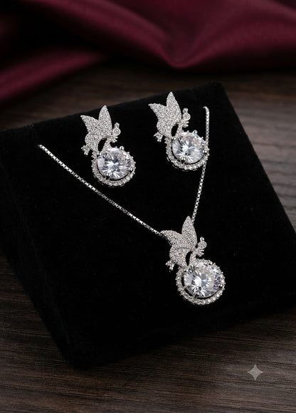 Premium Gold-Plated Butterfly Crystal Pendant Necklace Set for Women (Available in Pink, Green & Black)