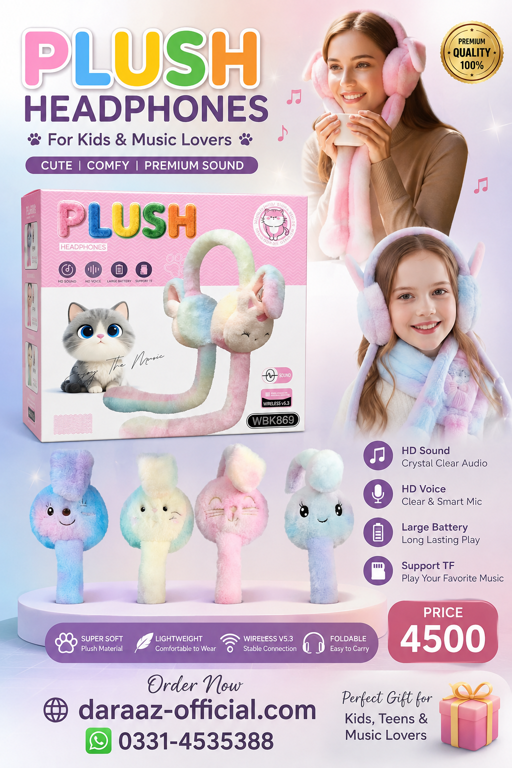 Plush Cat Ear Headphones for Kids & Teens | Cute Wireless V5.3 Bluetooth Headphones with HD Sound, Built-in Mic, TF Card Support, Soft Comfortable Design & Foldable Headband