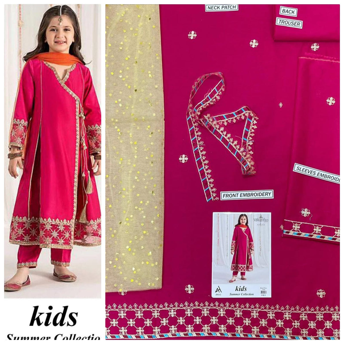 Kids 3-Piece Embroidered Lawn Suit with Net Dupatta & Stylish Patches