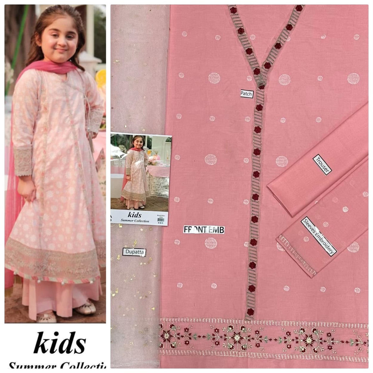 Kids 3-Piece Embroidered Lawn Suit with Net Dupatta & Stylish Patches