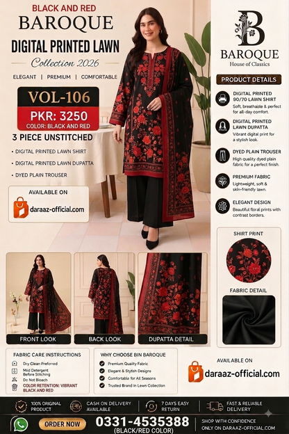 Baroque Digital Printed Lawn 3 Piece Unstitched Suit | Mustard Beige & Burnt Orange | Premium Lawn Collection 2026 | Vol-106