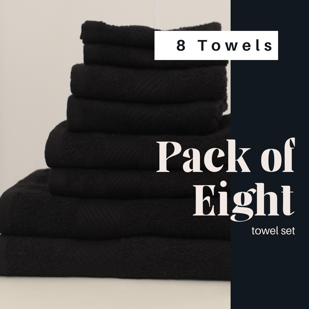 YAZA 100% Pure Cotton Jet Black Towel Set (Pack of 8) - Premium Bath, Hand & Wash Cloth Combo