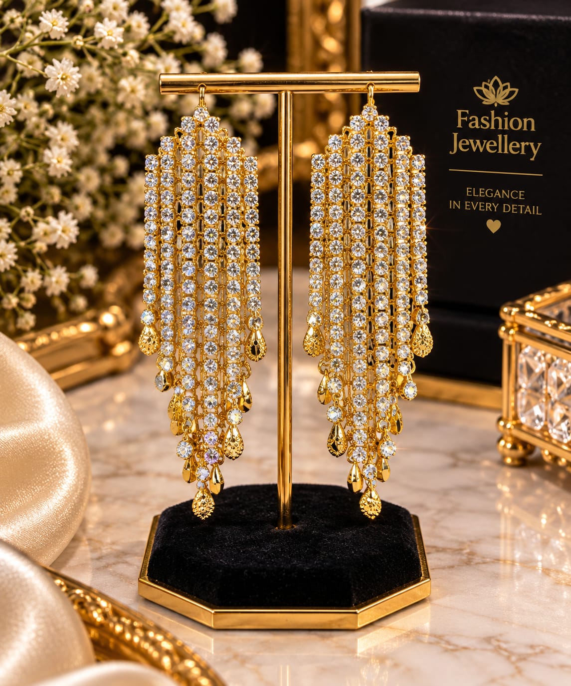 Elegant Black Crystal Gold-Plated Long Dangle Earrings for Women | Designer Party Wear Chandelier Earrings