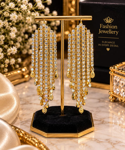 Elegant Black Crystal Gold-Plated Long Dangle Earrings for Women | Designer Party Wear Chandelier Earrings