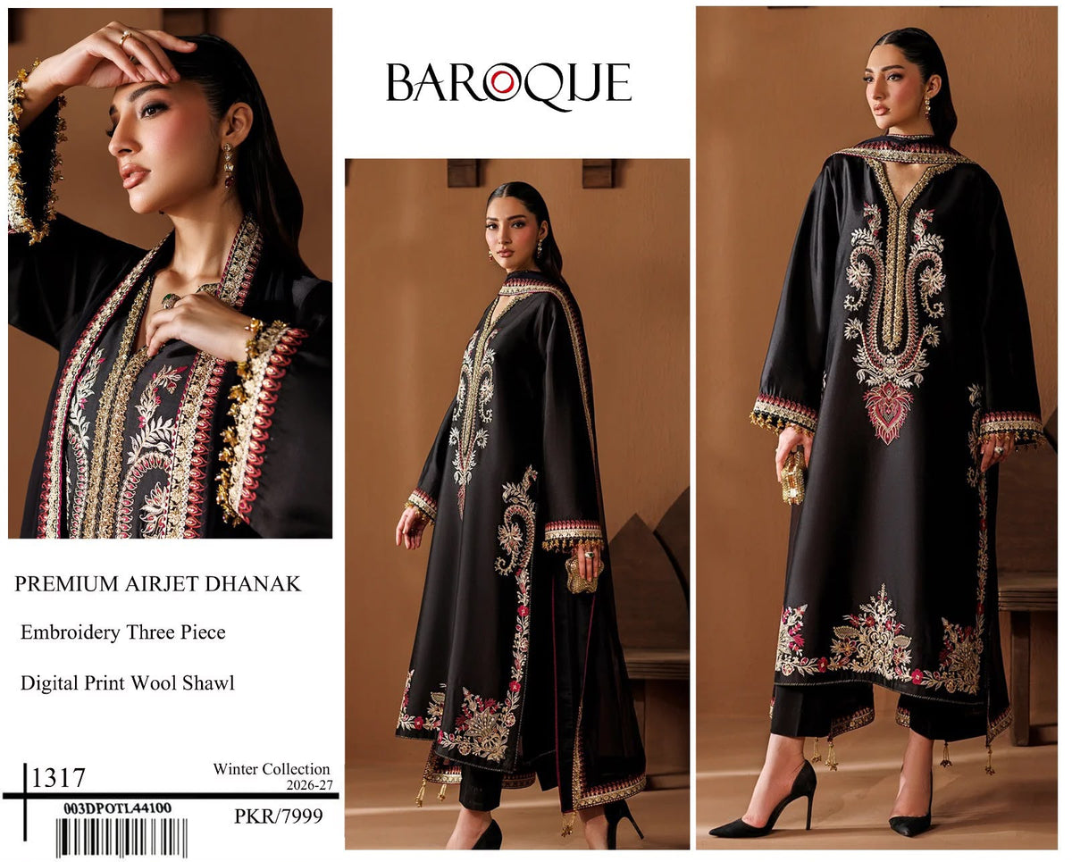 Premium Airjet Dhanak Embroidered Suit With Digital Print Wool Shawl | Baroque 1317 | Winter Collection 2026-27