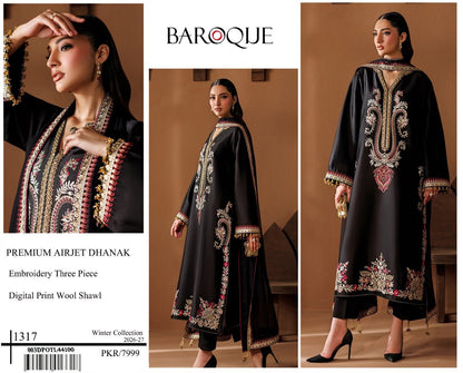 Premium Airjet Dhanak Embroidered Suit With Digital Print Wool Shawl | Baroque 1317 | Winter Collection 2026-27