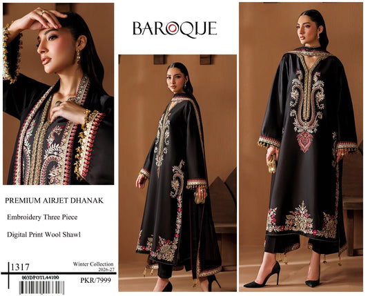 Premium Airjet Dhanak Embroidered Suit With Digital Print Wool Shawl | Baroque 1317 | Winter Collection 2026-27
