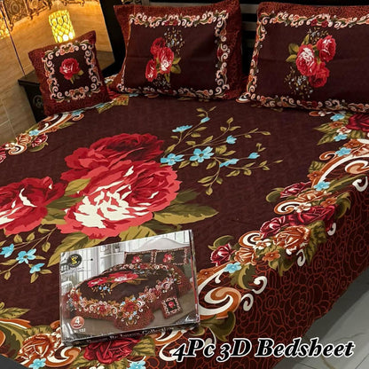4Pc 3D Panel Bedsheet – Premium Crystal Cotton King Size