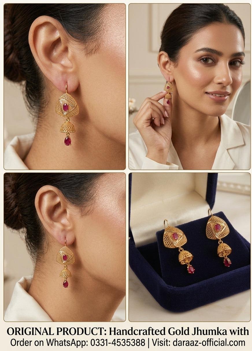 Premium Gold Plated Jhumka Earrings with Ruby Stones | Traditional Filigree Drop Earrings for Women