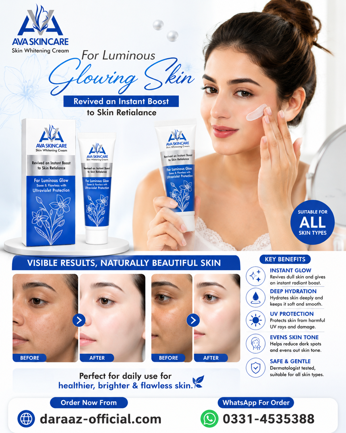 AVA Skin Whitening Cream | Brightening & Hydrating Face Cream | Smooth & Healthy-Looking Skin | 30g