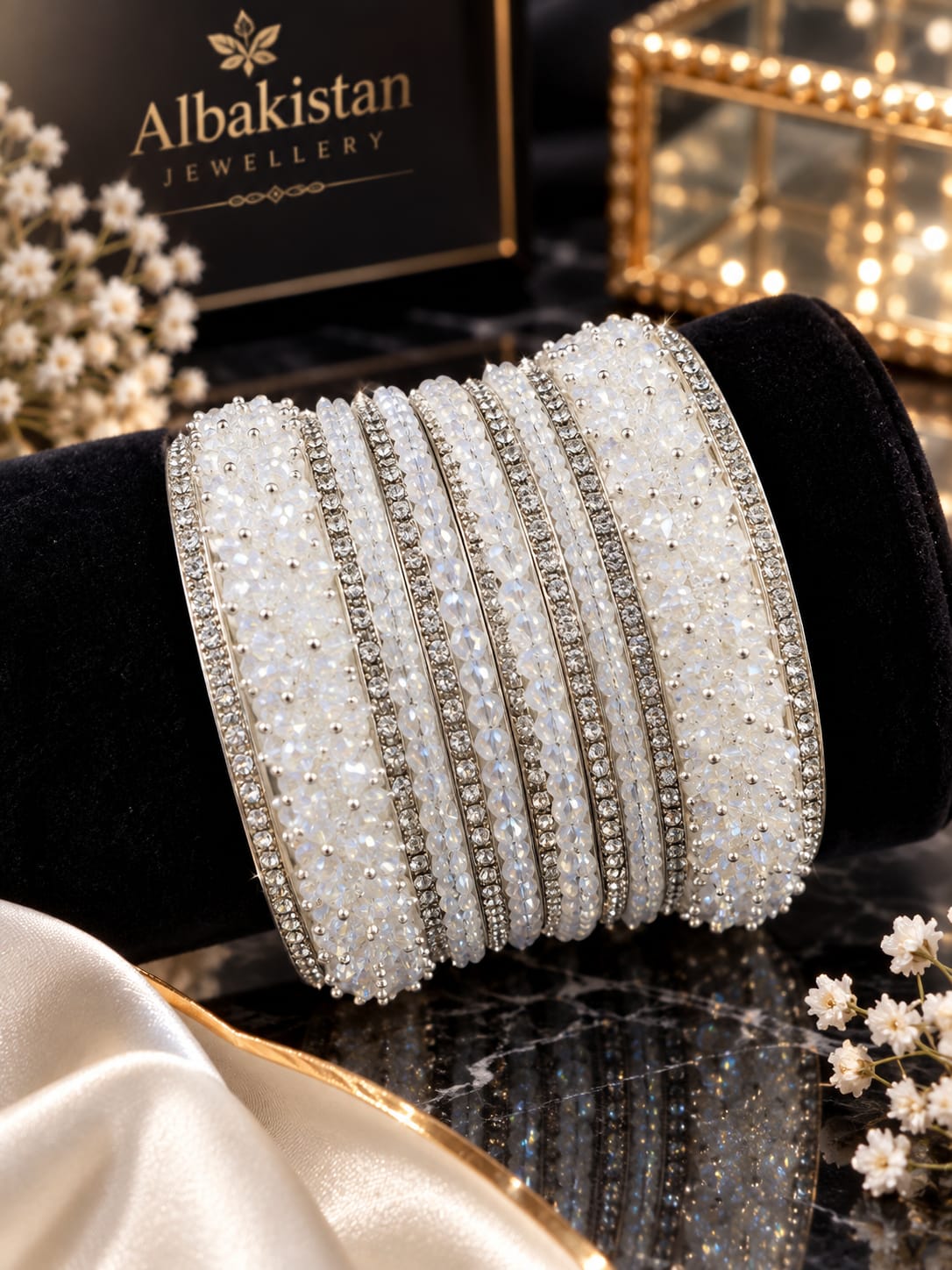 Elegant White Crystal & Zircon Bridal Bangle Set