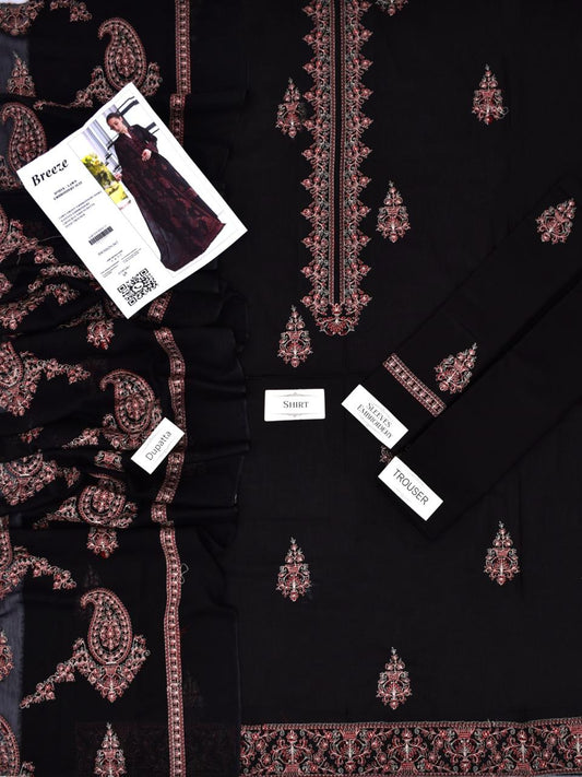 Breeze 3 Piece Lawn Embroidered Suit – Premium Black & Maroon Collection | Design 567