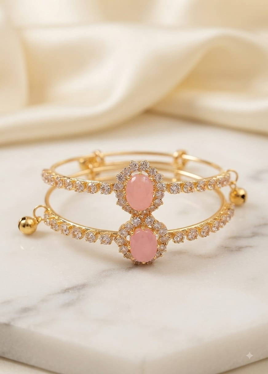 Premium Gold-Tone Pink Stone Zircon Bangles Set – Elegant Bridal & Party Wear Jewelry